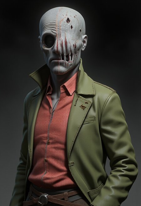 green jacket, striped red and white shirt, unibrow, 
The medium is not a traditional painting or illustrative medium like watercolor or ink but rather a digital 3D rendering. MikeFranchinastyle, bbstyle,, horror theme, ZBClay model of a gray sculpture, zbrush, d4arks0uls, overcast lighting, jedioutfit