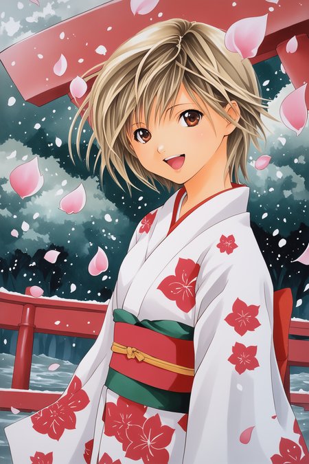 score_7up,
Nishino Tsukasa,1girl,solo,short hair,blond hair,bjapanese clothes,white kimono,wide sleeves,sash,floral print,obi,standing,looking at viewer,upper body,smile,brown eyes,open mouth,snowing,petals,torii,traditional media,
<lora:Mizuki Kawashita_PONY_XL:1.4>,