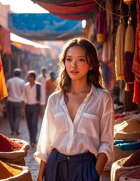 NJZH43R1N, In a vibrant, late-afternoon marketplace in Marrakesh, a striking woman with black, wavy hair cascading down to her shoulders stands tall. She wears a crisp, white linen shirt, the sleeves rolled up to reveal tanned, slender arms, and loose, wide-legged trousers of deep indigo. Her lips are painted a bold, fiery red, contrasting with her otherwise natural appearance. The sun casts warm, golden light upon her, highlighting her features and creating an ethereal glow. In the background, colorful stalls overflow with spices, textiles, and intricate crafts, while the distant call to prayer echoes softly in the air. The camera is positioned at eye level, capturing her from the waist up, as she gazes thoughtfully into the distance, a single bead of sweat trickling down her forehead, her closed mouth betraying a sense of quiet contemplation amidst the bustling market scene.