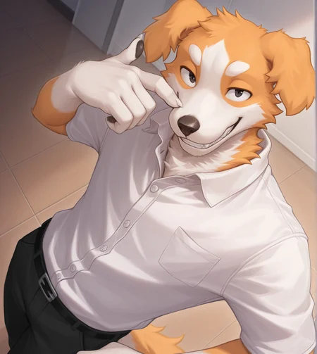 solo, anthro, furry, looking at viewer, male, two-tone fur, dark eyes, white hands, smile, grin, slim, white shirt, collared shirt, pants, high-angle view, dynamic angle, pose, posing, pinup, looking at viewer, happy, three-quarter portrait, dynamic pose
BREAK masterpiece, best quality, amazing quality, very aesthetic, high resolution, ultra-detailed, absurd res, newest,  scenery,  <lora:Smell:1>, joseph