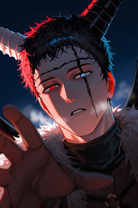 realistic shading, dimlighting, sidelighting, facial marked-male focus, looking at viewer, expressive expressionless face, zenonbc, black_zenonbc_facial mark, black_zenonbc_short hair, blue-red_zenonbc_heterochromia, black-white_zenonbc_demon horns, 1boy, head tilt, parted lips, open mouth, breath, shiny skin, reaching out, demon wings, simple plain blue background, dark environment, bone, shadow, foreshortening, dutch angle, dynamic angle, dynamic action, intricately detailed illustration, cinematic, depth of field, atmospheric perspective, masterpiece, best quality, amazing quality, very aesthetic, absurdres, newest