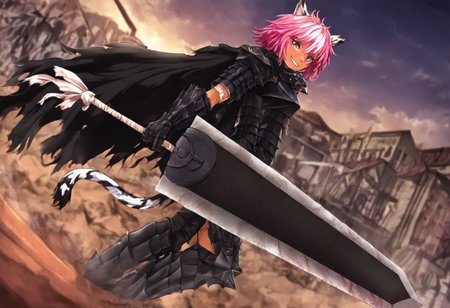 masterpiece, very aesthetic, anime screenshot, 1girl, Pink_PonyXL, DragonSlayerSword-Il.V1.0, black armor, shoulder armor, gauntlets, greaves, bandaged arm, black cape, torn cape, bright pink hair, cat ears, scar on nose, cat bell around neck, tanned, white tiger tail, small breasts, femine body, smiling, making a cute cat face, single fanged tooth showing, standing, looking at viewer, side view, wielding-dragonslayer, huge weapon, sword, holding sword, holding weapon, full body, zoomed in on pink_ponyxl, Dutch angle, cowboy shot 
Break
City square, bright and sunny, happy adoring crowd,