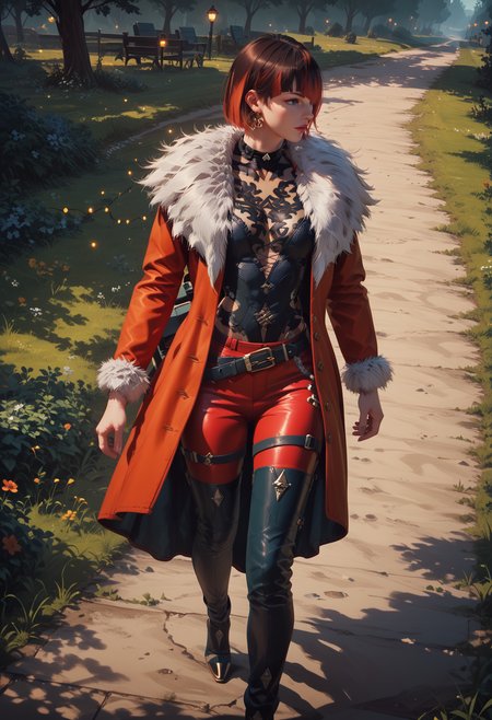 (score_9, score_8_up), score_7_up,  <lora:PonyAnn4W:1> Ann4W, 1girl, fur coat, pants, belt, walking in the woods, on grass, dynamic angle, sunny, beautiful lights