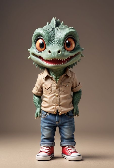 Cute little happy miniature chibi crocodile with big comically bright eyes, wearing jeans and converse shoes, hands in pockets