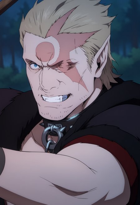 1boy, Nikolai_castlevanianocturne, blonde hair, blue eyes, stubble, slicked back hair, left eye closed, spiked collar, scar on face, fang, (circle_scar_on_forehead), pointy ear, black coat, short sleeve, bare chest, veiny arms, score_8_up, score_7_up, score_6_up, score_9_up, muscular, (stocky_body), (big muscule), big arm, middle-age man , a man in green forest, (((forest environment))), tree background,  night,  centered, looking at viewer, face_focus, detailed eyes, 8k uhd, high quality, anime color,  cinemactic angle, side view, evil_grin, face_focus, fight pose, open arms, holding huge axe, arm up, close up
