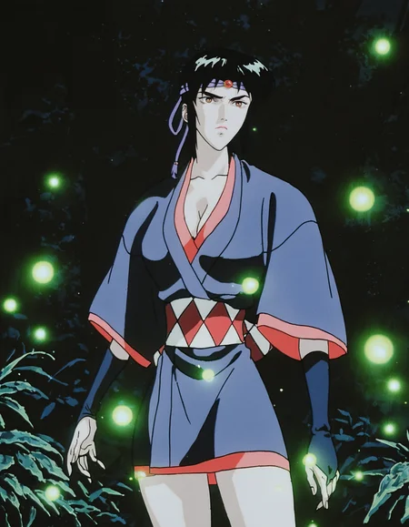 masterpiece, best quality, highres, highly detailed, watercolor \(medium\), (inked:0.5), (jaggy lines, bold outlines:0.5),
1girl, Kagero \(Ninja Scroll\), headband, sash, short kimono, cleavage, large breasts, eyelashes, black hair, bridal gauntlets, nature, fireflies, glowing,
anime screenshot,
  <lora:Ninjascroll NoobAI v-pred:1>