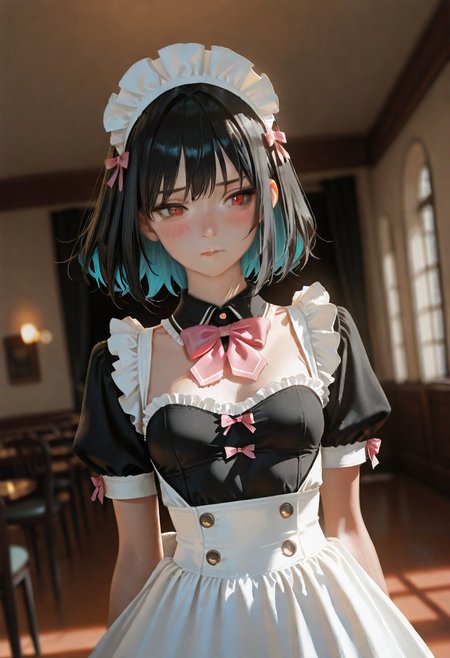 1girl,masterpiece, ultra-HD, cinematic lighting, photorealistic, impressionism (1.5), high detail, depth of field,(In the room), (blurred background), (dramatic lighting),masterpiece, best quality, very aesthetic,8k,masterpiece, best quality,realistic, masterpiece, best quality, 8k,simple_background,Red eyes,Loose hair,(Hair length slightly above shoulder length,Short Black hair,turquoise inner hair),half close-up,blushing,small head, pretty girl,((slim body)), (small breasts), Dynamic angle, Dynamic pose, portrait,
girl,look at the audience,Eyes on the audience,solo,maid dress, pink bow, frills, short sleeves, maid headdress