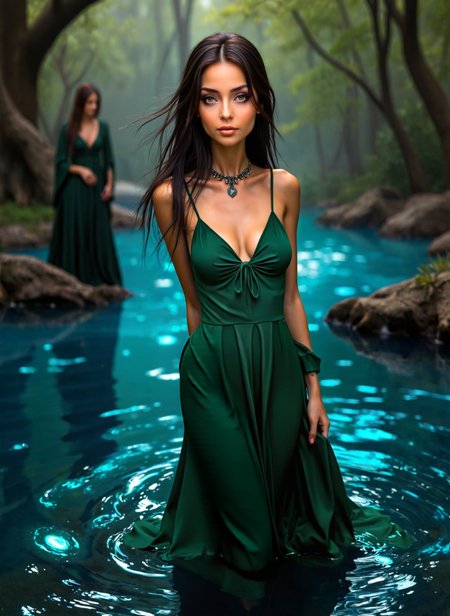 cinematic film still a young woman standing in front of a beautiful blue lake. She is wearing a long, flowing, emerald, green dress with a deep V-neckline and long sleeves. The dress has a high neckline and is cinched at the waist with a belt. The woman has long, dark hair that is styled in loose waves and is looking directly at the camera with a serious expression. The background is filled with lush greenery, including trees and bushes, and there are rocks and plants scattered around the lake. The overall mood of the image is peaceful and serene. <lora:add-detail-xl:.5>  <lora:Flux-style-xl-lora:.5>