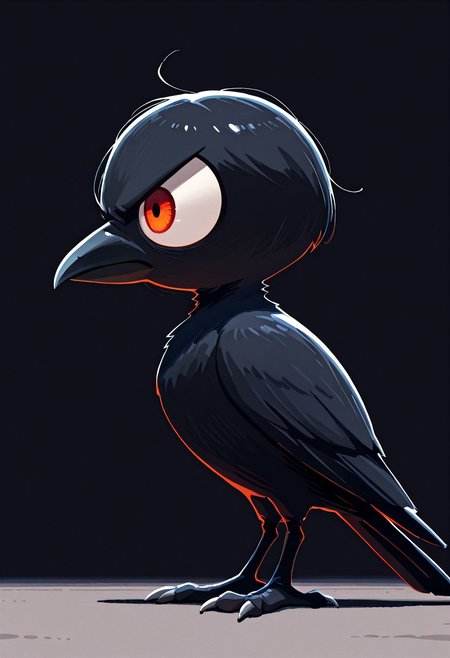 masterpiece, best quality, simple illustration, 1crow, full body,  huge eyes, loocking away, side view, cartoon, no human,  angry, cute,  vivid colors,