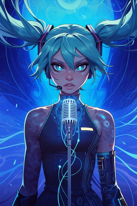masterpiece, best quality, very aesthetic, (incase:0.4), detailed face, (dynamic:1), stylized, illustration, <lora:Rapscallion_Illustrious:0.3>rapscallionstyle  <lora:GTA6 Key Art Style NoobA:0.8>gta6style, <lora:Eop:1>,
1girl, hatsune miku, white pupils, power elements, microphone, vibrant blue color palette, abstract,abstract background, dreamlike atmosphere, delicate linework, wind-swept hair, energy