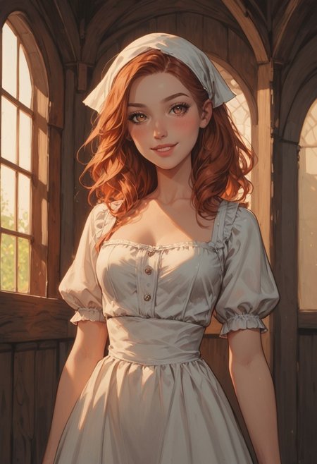 8K, depth of field, focused subject, masterpiece, best quality, amazing quality, very aesthetic, 
score_9, score_8_up, score_8,
1girl, 23 years old, solo, 
detailed, perfect, expressive,  perfect white porcelain fair skin, brown eyes, long flowing red hair, small perky breasts, (tiny waist, slim waist:1.3),  flat stomach, sexy thighs, full round butt, 
sophisticated, intelligent, seductive, aroused, loving, kind, masterpiece, Expressiveh,(beautiful eyes, detailed eyes, detailes pupills), horny smile, perfect ass, very shy, very submissive, cleavage, cinematic light, blushing, heart, cowboy shot, blush, very attractive, perfect face, perfect body, cute smile, blush, looking at viewer, volumetric lighting, cinematic lighting, depth of field, gracefull, long legs, medieval farmgirl, medieval farmer outfit, in barn head scarf, rear view,  sexy