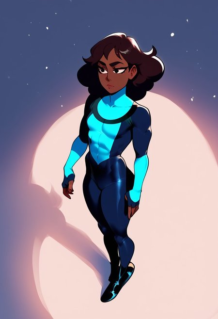 score_9, score_8_up, score_7_up 
   , masterpiece, beautiful,1 girl, small breast, dark skin,
connie, 1girl, brown hair, dark-skinned female, solo, black eyes, tied hair, 
Invinciblemc,skintight suit, dark blue torso colored suit, blue and black suit, dark blue colored lower body suit,black accents, black u-shaped neckline on suit, blue arm area colored, black fingerless gloves, black boots,