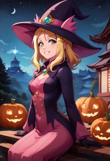 score_9, score_8_up, score_8, medium breasts, (curvy), cute, eyelashes, sitting on bench, side view, smile, looking at viewer,  ,,, 
<lora:mari-ohara-s2-ponyxl-lora-nochekaiser:1>, mari ohara, long hair, bangs, blonde hair, hair ornament, yellow eyes, braid, medium hair, hair rings, crown braid,
zzMismagius, witch hat, 
<lora:wizard-ponyxl-lora-nochekaiser:1>, wizard, wizard hat, robe, dress, long sleeves, gloves,
(pumpkins), night, stars, 
cowboy shot,  BREAK, pnkBldng, sky, day, cloud, tree, blue sky, building, architecture, east asian architecture, BREAK,  embedding:zPDXL, Expressiveh,   <lora:PinkBuildingsPDXL_v2:0.6>,  <lora:CatalystStylePDXL:0.3>,  <lora:SDXLFaeTastic2400:0.5>,  <lora:Expressive_H-000001:0.4>,