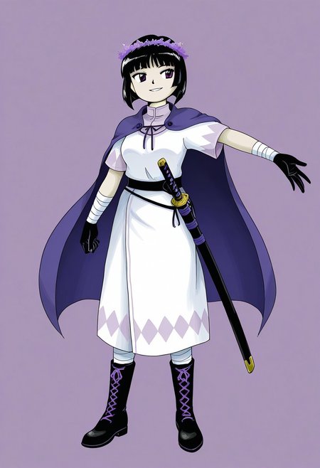 watercolor, aesthetic, colorful, jaggy lines, zun \(style\), BREAK, 1girl, solo, (tall, mature, purple eyes, black hair, hime cut, short hair, Lavender flower crown, lavender cape, white tunic, lavender shirt collar, short sleeves, white dress, lavender floral dress, katana sheath, black belt, lavender laces, black boots, black gloves, white arm wraps, white leg wraps,) smug, evil grin, hand outstretched, full body, simple background,