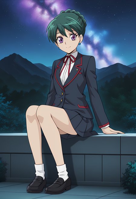 masterpiece,best quality,amazing quality,

1girl, solo,

Akari Yotsue (Cardfight Vanguard), short hair, green hair, braid, purple eyes, school uniform, jewelry, earrings,  neck ribbon, white shirt, blazer, long sleeves, pleated skirt,  white socks, shoes, black footwear,

looking at viewer, smile, 

cinematic, 

Sit, leaning back, with two arms,

bloom, night, at mountain, greenery, galaxy sky, 

Official style, anime screencap, anime coloring, 
















