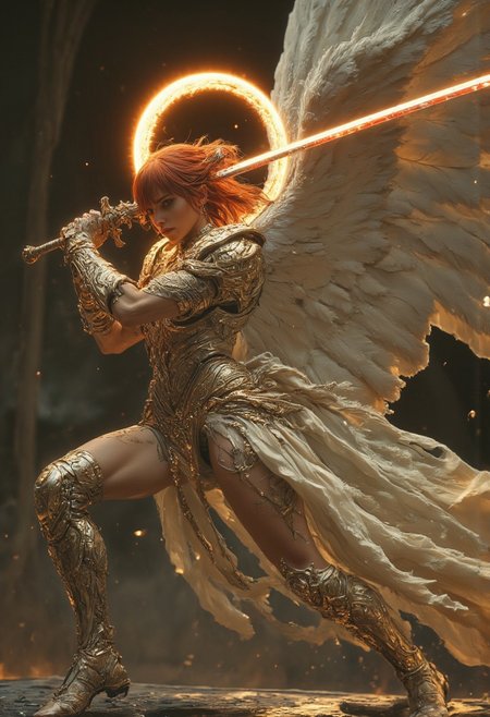 realistic, PHOTOREALISTIC, (futuristic warrior swinging a burning long sword:1.3), ((sexy dynamic pose:1.3)), 25 years old, perfect quality, high quality, swinging bloody long sword at viewer, (sci-fi, burnig halo, White large Angel wings:1.3), goddess, red hair, sleek long straight bob hair cut with bangs, athletic female, ((fitness models, muscle detail, detailed muscle)), long athletic muscular legs, athletic round muscular butt, athletic hips, perfect breasts, perfect body, epic, long hair, intricate hairstyle, side shot, cute, cropped body, legs, soft skin, soft skin, textured skin ,shining glossy skin, soft abs, slim waist, (slender body), dynamic angle, dynamic, dynamic shot, sci-fi, futuristic, ((intricate armored corset, showing sexy body underneath, greek sandals:1.2, armor parts on body:1.2, marble armor:1.2, greave, greek sandals, (glowing gold Kintsugi tattoos on body:1.3)), Expressiveh, (volumetric lighting:1.2), cinematic, cinematic lighting, reflections, ultra hd, visual effects, graphic effects, ambient occlusion, raytracing, soft lighting, realistic, blum effect, masterpiece, absolutely eye-catching, particles, glow, shining, (in sci-fi light room), intricate cinematic background, (beautiful cute face), relaxing, resting by the fire pit after battle, next to crystal clear pool of water, stretching her wings, feathers in the air, aidmaMJ6.1, aidmaimageupgrader, aidmaHyperrealism, aidmafluxpro1.1, (Perfect hands holding sword hilt, Detailed hands, 5 fingers)