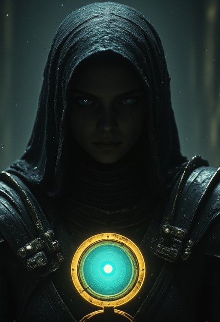 CloseUp of the No Face, DARK movie still, heavy Film grain, monochrome with Low Key color Highlights, 1girl, A dystopian DARK villain Photo Closeup Portrait of hkstyle dystopian Knight Holding vibrant luminous Colorful Sphere, the Sphere shines in 80s RGB spectral light ray, No Face, Face lines, White glowing eyes, billowing Long wide hood, outworn Cape and armored suit, in pain, dust, dirt, gritty, Film Noir Style, high contrast, deep blacks, vibrant turquoise/yellow and White/beige Pop art elements, soothing bleaked atmospheric lighting, eye-trail,
