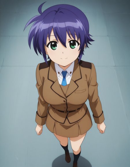 official style,subaru nakajima,green eyes,blue hair,short hair,brown military uniform,
((solo)),front view,straight-on,from front,facing viewer,front angle shot,shoot from front,from right in front of face and body,(standing:1.5),
(anime screencap), 2d cel anime,anime cap,anime,anime style,anime cel,cell shaded,soft brightness,perfect face,perfect nose, perfect hair, perfect eyes,perfect female body,perfect skin,a face of perfect proportion,perfect lighting,perfect anatomy,perfect proportion,perfect hands,perfect legs,perfect fingers,masterpiece,hair between eyes,
medium large breasts,
perky breasts,best quality,very aesthetic,absurdres,16k,intricate detail,amazing quality,(bold:3.12),thick outline,black outline,harsh lines,soft lines,deluster,boldline,curvy,(anime coloring:1.2), smile,,slim,(hat:-1),
looking at viewer,
super fine illustration,detailed linework,vibrant colors,kawaii,flat color,futuristic fortress,in private room,
(from above:2.5),
 <lora:é­æ³å°å¥³ãªãªã«ã«ãªã®ã¯ã¹ãã«ãã«ã¸ãillustriousMagical_Girl_Lyrical_NANOHASubaru_NakajimaillustriousRe-000016:1:0.8> <lora:anime_screencap:1:0.8> <lora:mgmmzillustrious01:1:0.8>