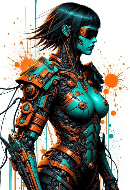 a cyberpunk goth female robot, short straight-cut bob, dark eyeshadow, red lips, make-up, earrings, power armour, side view, mythp0rt, mad-cbrpnksplshrt, paint splashes, teal and orange