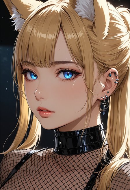 (anime, masterpiece, intricate:1.3), (best quality, hires textures, high detail:1.2), (4k),(incredibly detailed:1.4), perfect anatomy, correct sense of scale, side lighting, feminine body, shiny skin, graceful face, constricted waist, nice body, lips, Sexy mouth, high pointed nose, (nostrils:1.3), neatly drawn nose, 1woman, gorgeous lips, blue eyes, tights,  blonde hair, ponytail, side bangs, medium breasts, ((piercing, two holes at the bottom of the ear, one at the top)) (best illumination, an extremely delicate and beautiful) 8k wallpaper, masterpiece, best quality, ultra-detailed, best shadow, volumetric lighting), (beautiful detailed face, beautiful detailed eyes) ,extreme details eyes, shiny skin, ear piercing, woman
gloves, belly piercing, fishnets, dark room, shiny neon, bright colors, dark shadows, detailed skin, slit pupils, fox girl, fox tail, fox ears, 1girl, animal ears, wet, mesh bra