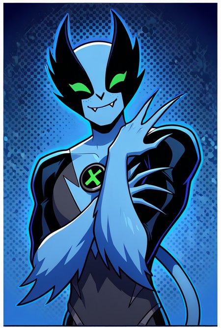 <lora:fastrack-10:1> fastrack, solo, blue skin, green eyes,  claws, green badge, fang, smile, blue background, feline tail, facing viewer, pose,  wide jaw, masculine,, masterpiece, best quality, amazing quality, very aesthetic, absurdres, newest,, upper body, halftone effect, white borders, abstract background:1.2,