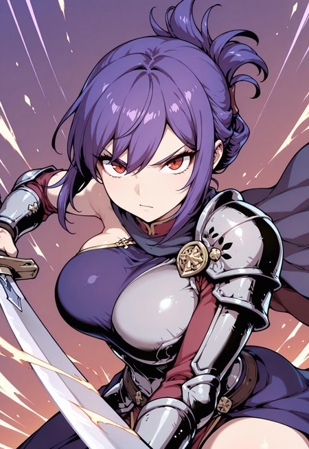 masterpiece,best quality,amazing quality, 1girl, solo
close-up shot, view from aside,
holding sword, dynamic fighting pose, human, purple hair, red eyes, folded ponytail,
armor, single shoulder armor, cape, single bare shoulder, clothed,
large breasts,  
looking at viewer, closed mouth,