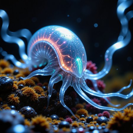 award-winning macro photo, short depth of field, hyper realistic, dim lighting, twilight, bioluminescence, subsurface scattering, the minuscule "acid-tongued kleptophlam" is a quizzlewanked mollusk-like ocean-dwelling creature living in the vast gorliflynx kelp woods on planet "zimtrex v". it uses the discarded huge coiled shells of the "forest snufflestomper" as shelter. its beautiful semi-transparent body glimmers faintly with iridescent snizzleplumes, allowing it to blend seamlessly with the faintly glowing kelp fronds. the creatures use their elongated, smackwinkeling proboscis to extract nutrients from the gorliflynx kelps sap. their biome is a surreal underwater tapestry of flowing bioluminescent kelp strands, undulating in slow, hypnotic rhythms as shimmering gas bubbles rise from the seafloor fissures, highly detailed, intricate, detailed background, golden ratio, arsmjstyle, dnddarkestfantasy, in the style of ck-ovf, aidmafluxpro1.1, 
<lora:epic_gorgeous_details-balance-flux-by_flyway:0.56> 
<lora:style-mythic_fantasy-v2-flux-by_velvets:0.4> 
<lora:style-oneviolentfantasy-ep21-flux-by_chronoknight:0.56> 
<lora:flux_pro1.1_detailer-v0.2-flux-by_aidma:0.56>