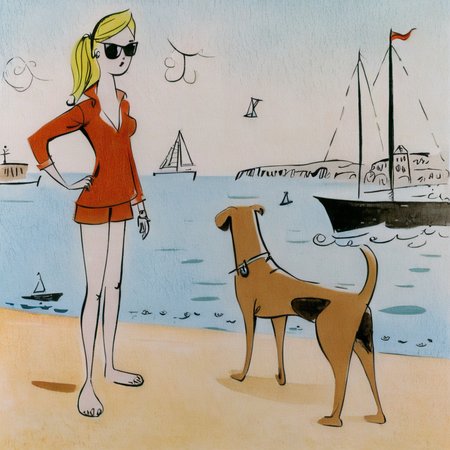 drawix23 girl with a dog on the beach with a sailboat in the background,  very detailed<lora:drawix23:1>