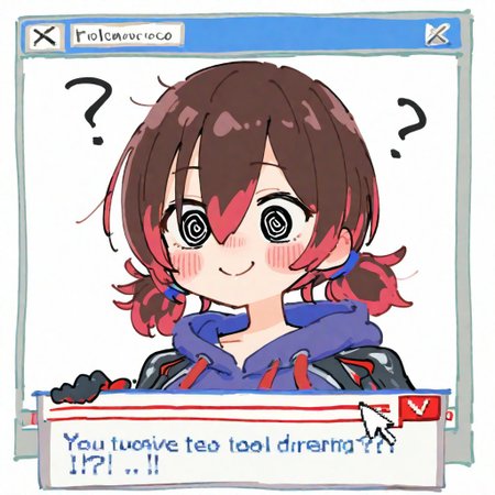 masterpiece, best quality, good quality, very awa, firedotinc, 1girl, solo, roboco-san, hololive, virtual youtuber, roboco-san (hoodie), official alternate costume, twintails, ?, @_@, blush, smile, glitch, window (computing), cursor, user interface, error message, desktop (computing), icon (computing), <lora:ai_styles_collection_noob_vpred-0.75-v3.2:1>