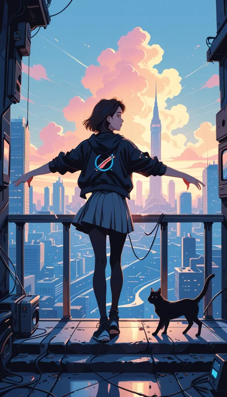 masterpiece, Shinkaistyle,
pinkretroanime, retro art,
Cyberpunk Style, cyberpunk, science fiction, hi tech, future tech, neon, (Cybernetics:1.25), (Neon Cityscape:1.4), (lineless:1.5), smooth edges, (lighten the face:1.5), tall body, slender body, fit body, long legs, In the given image, a young woman stands poised on the edge of a bridge overlooking a cityscape at dusk. The bridge's blue railing contrasts with her black and white outfit, which includes a short-sleeve jacket, a pair of sunglasses tucked into her collar, and a small cat on a leash held in her right hand. She gazes out towards the skyline, where buildings stand tall against the darkening sky. The sun casts long shadows across the scene, suggesting it's either early morning or late afternoon. The woman appears to be standing still, perhaps contemplating her next move. Her pose is one of balance and calmness. The cat on her leash adds a touch of whimsy to the otherwise serious atmosphere. In the distance, a large tower looms over the city, its silhouette stark against the sky. This tower stands as a silent sentinel amidst the modern buildings that surround it. The overall mood of the image is one of solitude and introspection, with the woman seemingly lost in thought as she surveys the city below., 1girl, solo, short hair, skirt, brown hair, shirt, black hair, long sleeves, standing, jacket, full body, pantyhose, pleated skirt, outdoors, open clothes, sky, shoes, day, cloud, hood, miniskirt, black skirt, medium hair, from behind, black footwear, english text, open jacket, blue sky, blue skirt, black jacket, black pantyhose, black shirt, dutch angle, animal, looking away, from below, sunlight, cat, cloudy sky, outstretched arms, outstretched arm, loafers, building, sneakers, scenery, hooded jacket, grey skirt, sleeves rolled up, backlighting, walking, sunset, city, spread arms, facing away, cityscape, black cat, wide shot, twilight, skyscraper, evening, sleeves pushed up, rooftop, sleeves past elbows, gradient sky, balancing