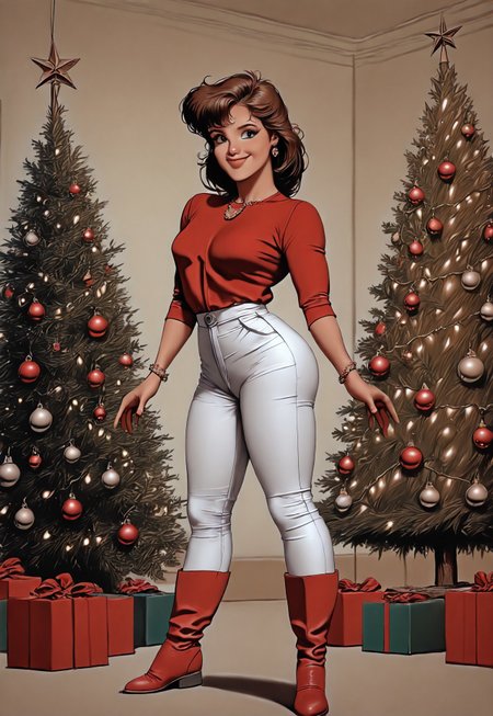 safe_pos, masterpiece, absurdres, best quality, Christmas Aesthetic, 1girl, solo, christmas, christmas tree, jewelry, gift, white pants, pants, earrings, bracelet, red footwear, box, smile, boots, breasts, retro artstyle, shirt, indoors, gift box, brown hair, christmas lights, christmas ornaments