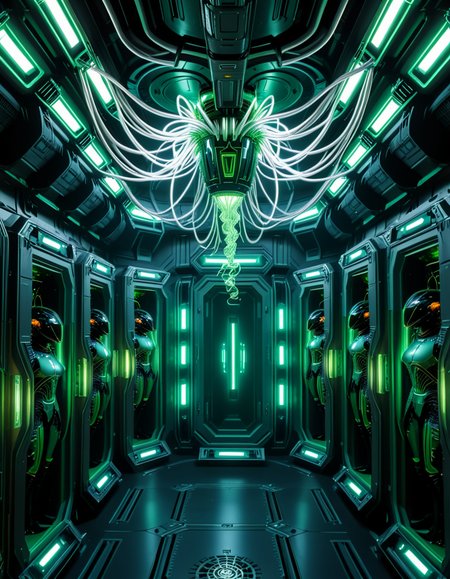 A dark, oppressive regeneration chamber deep within a Borg vessel â a biomechanical environment where drones return to recharge and interface with the collective. The chamber is dimly lit with pulsating green and white lights that flicker through dense shadows. The walls are lined with vertical alcoves, each containing a Borg drone standing motionless, plugged into the system via biomechanical tendrils, tubes, and neural interfaces embedded into their bodies.
The surfaces of the room are a fusion of metallic plating, organic texture, and cybernetic growths â as if the ship itself is alive, constantly shifting and adapting. Steam hisses softly from vents near the floor, and faint mechanical whirring echoes through the chamber. Fiber optic cables pulse with data transmissions, running across the ceiling like glowing veins. 
Above, a central neural conduit hangs like a mechanical spine from the ceiling, branching out and connecting to each alcove, feeding the collective hive mind with real-time information. The atmosphere is cold, sterile, and unnervingly silent â a place devoid of individuality, where only the will of the collective exists. There is no comfort here, only efficiency, order, and total control. 
<lora:SDXLFaeTastic2400:0.4> <lora:extremely_detailed:0.4> extremely detailed,<lora:borg_recharge_ch4mb3r:1>,borg recharge ch4mb3r, Masterpiece,best quality,hi res,8k,hi res,8k,award winning,(sharp focus, intricate, highly detailed),