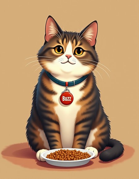 Image of cat sitting near dish with text "Feed Buzz", cat is wearing badge with name "Buzz"
