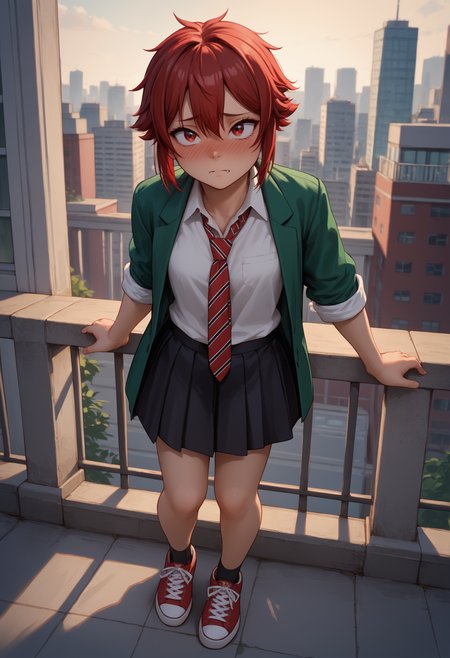 score_9, score_8_up,score_7_up, source_anime, 1girl, solo, <lora:aizwtm_pdxl_EliPot:1>, outfitgrnsc, red hair, short hair, red eyes, tomboy,skin fang,
collared shirt, striped necktie, pleated skirt, school uniform, green jacket, white shirt, red footwear, black shorts, sneakers, open clothes, bike shorts under skirt, red necktie, open jacket, sleeves rolled up, black skirt,
at the balcony, city view, full-face blush, shy,   averting eyes, embarrassed, timid,