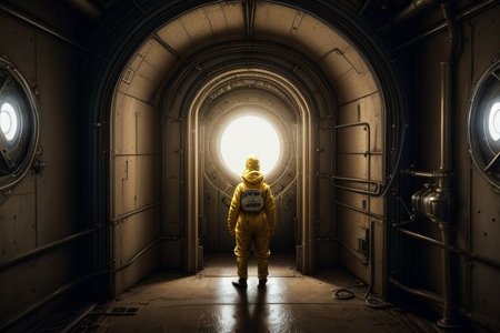 a portal back into 1903, the portal is built in Lawrence Livermore Labs, in a special chamber room monitored by a team of watching scientists.  A man in a hazmat suit approaches the surface of the time portal, where he can see the streets of New York circa 1903, amazing, captivating and amazing moment, 
highly detailed,