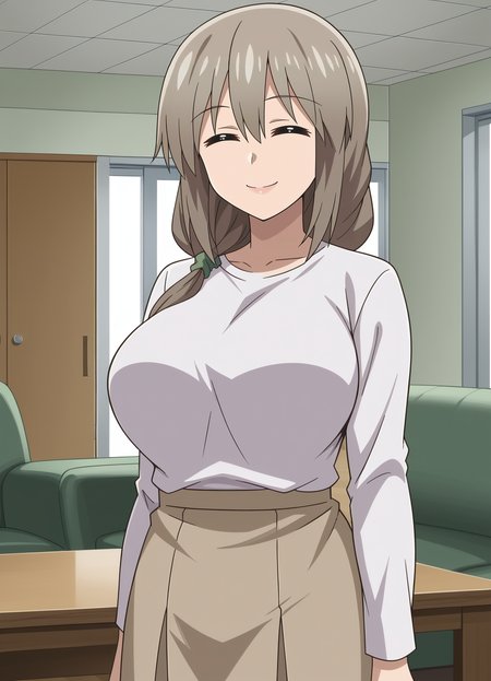 <lora:Tsuki_Uzaki-Uzaki-chan_wa_Asobitai:0.85>,mm,mature female,1girl,solo,closed eyes,grey hair,long hair,large breasts,shirt,skirt,cowboy shot,looking at viewer,indoors,smile