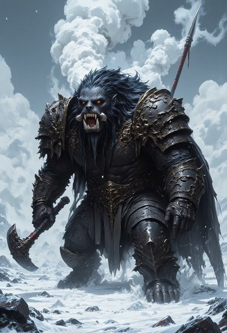 An1meL1nes, fg, a digital illustration featuring a large, wide shouldered, humanoid sea lion with two large tusks coming out its mouth, wearing heavy armor, weilding a battle axe and a shield. It has a fierce look, breathing out clouds of steam. The background is cold, ice, arctic plane, it is snowing