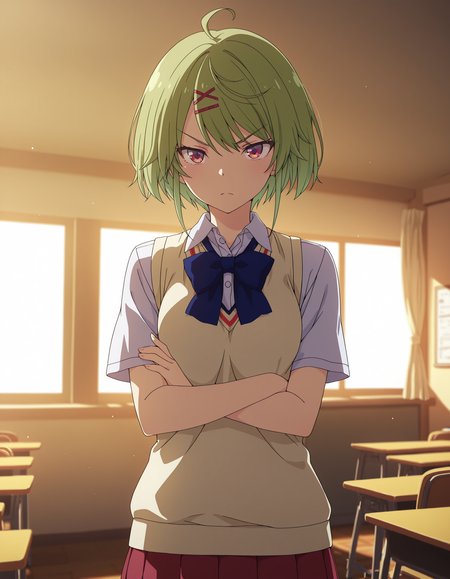 masterpiece,best quality,crossed arms,classroom,sidelighting,, <lora:mnb2:1>
mnb,solo,short hair,(green hair:0.5),ahoge,hair ornament,light frown,v-shaped eyebrows,anime coloring
sweater vest,shirt,red skirt,blue bowtie,pleated skirt,