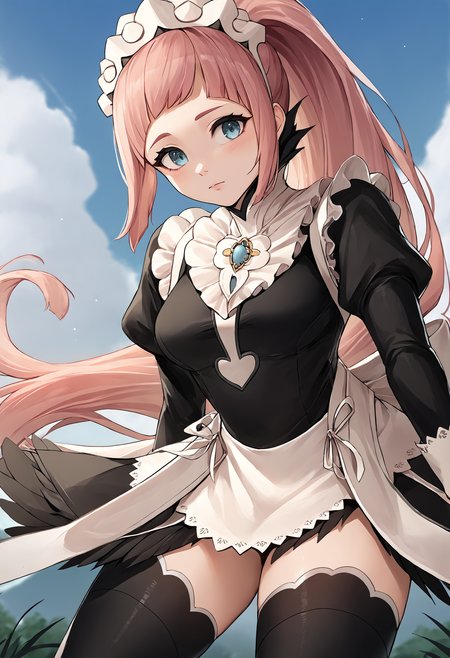 score_9, score_7_up, source_anime BREAK 1girl, solo, <lora:shinozukajouji-artist-richy-v1_pdxl:1>  <lora:felicia-fe-richy-v2_pdxl:1> flcdf, blue eyes, pink hair, long hair, ponytail, maid headdress, black feathered collar, blue brooch, breasts, maid, juliet sleeves, maid apron, bridal gauntlets, black thighhighs, thighs
