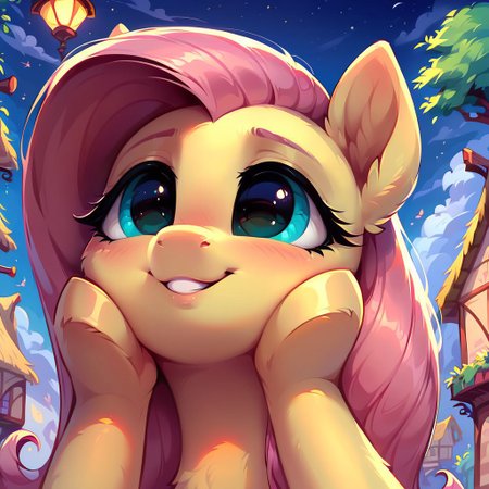 masterpiece, score_9, score_8_up, score_7_up, (best quality:1.1), ultra-detailed, high resolution, 1girl, pony, highly detailed macro illustration, Fluttershy smiling, blushing, hands on face, Fluttershy, feral, female, mare, cute, night, long eyelashes, outside, (((beautiful detailed eyes))), Long eyelashes, fluffy, ear fluff, long eyelashes, Highly Visible, (((8k))), sharp focus, perfect lighting, anatomically correct, extremely detailed, shine on body, (in the mlp town), high detail, cute face, suspicious facial expression, Expressiveh, detailed background, OverallDetail, zPDXL2
