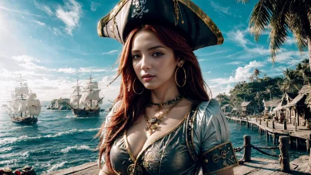 (young redhead pirate woman), (portrait), sharp focus, (ultradetailed), (standing), (happy) smile, pirate (ship galleon:1.2,  hoop earrings, gold medallion, Dark Graypirate clothes, pirate hat, hips, (pirate parrot:1.2),  pirate (village), leafy beach coast, (treasure chest with coins, gems and jewels:1.2), rum barrel, best quality masterpiece,  bright sunny sky, backlight, natural lights, high contrast, hdr, shadows, pretty, beautiful, feminine, sexy, adorable, lovely, in love, (PirateDiffusionprt:0.5),  <lora:Pirate:0.3>  PrateT  <lora:PirateRealms:0.3> <lora:Detail Tweaker LoRA add_detail:0.8> <lora:depth_of_field_slider_v1:5> <lora:SDXLrender_v2.0:0.9>