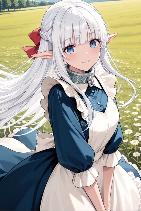 masterpiece, best quality, very aesthetic, absurdres, ultra-detailed, highly detailed, cowboy shot, shiny skin,  dynamic pose, 
meadow,  wind, outdoors, smile, looking at viewer, standing, outdoors,
<lora:Nephelia-08:1> nephelia, 1girl, long hair, white hair, braid, pointy ears, french braid, elf, blue eyes, ribbon, apron, sidelocks, dress, bow, hair ribbon, maid, hair bow, frills, blunt bangs, blue dress, white apron, collar, red bow, metal collar,
 <lora:illustrious_noobai_epsilon_pred_11_very_aesthetic_v1_1029791:1> 
 (lazypos:0.7)