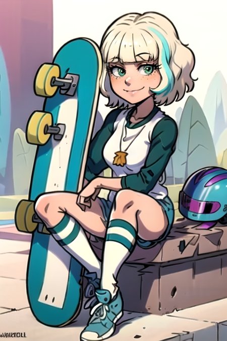<lora:JackieLynn-10:1> 1girl, solo, smile, short hair, blonde hair, white background, sitting, green eyes, multicolored hair, shoes, shorts, socks, streaked hair, kneehighs, helmet, sneakers, freckles, raglan sleeves, skateboard