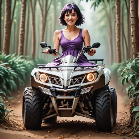 score_9, score_8_up, score_7_up, riqua (front view) , (slim 25yo female) riding a quad. purple dress, sneakers , short brunette hair  <lora:RideQuadPony:1>