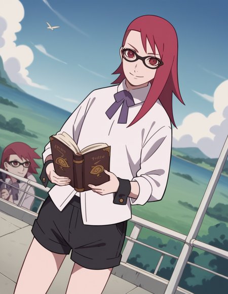 score_9, score_8_up, score_7_up, source_anime, <lora:karin-uzumaki-boruto-anime-ponyxl-lora-nochekaiser_r1:1>, karin uzumaki, red eyes, red hair, glasses,, shirt, shorts, wrist cuffs, black shorts, long sleeves,, airport, waiting area, suitcase, flight delayed, passengers, reading book, smile, looking at viewer, arm straight out in front, solo,, cowboy shot, dutch angle
