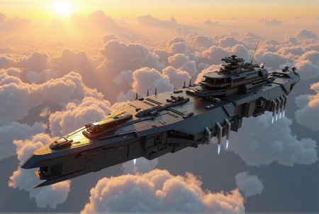 <lora:SpaceCraft_v.3:0.8>   
A graceful but imposing battle cruiser glides above the upper edge of a sunrise cloud ocean, its elongated, blade-like body reflecting shimmering tones of copper and silver as ambient light scatters across finely polished alloy plating. Along the midsection, segmented modular bays house fighter drones and boarding shuttles, while sleek electromagnetic cannons protrude discreetly from the upper deck. Engine plumes cast long, glowing trails of soft gold and white. Captured from a cinematic mid-range side view, the cruiser balances elegance and lethal presence, with a commanding silhouette backlit by soft atmospheric haze.
