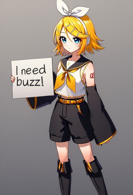 need_buzz, holding sign, KagamineRin, short hair, hairclip, white hairband, hair bow, KagamineBase, short hair, hairclip, white hairband, hair bow, white headphones, shoulder tattoo, number tattoo, black sailor collar, treble clef, white crop top, sleeveless, yellow neckerchief, detached sleeves, black sleeves, black shorts, yellow belt, knee boots