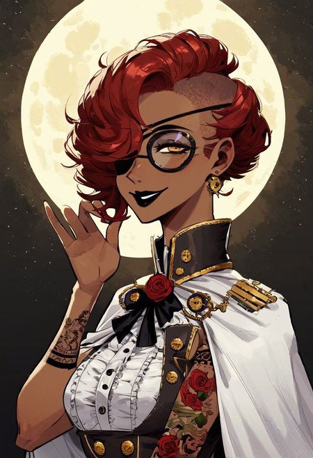 score_9_up, score_8_up, score_7_up, very detailed, 
1girl, brown skin, victorian monocle over eye, thick lens glasses, augmented eyes, eyepatch, red hair, bobcut, short hair, unkempt hair, matte black lipstick, tattooed face, arrogant expression, sly smile,  teasing pose, cute pose, steampunk military uniform, halfway unbuttoned uniform, decorated uniform, decorated white cape, noble house insignia on cape, regal stature, standing, steampunk city background, outdoors, night time, moon, solo focus on female, portrait shot, stylised, stylised background, detailed face, best detail, (best quality:1.5), masterpiece, (high resolution:1.5) 
ng_deepnegative_v1_75t, OverallDetail, , Expressiveh