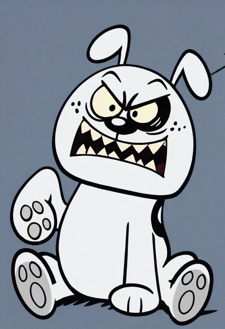 (score_9 | score_8_up | score_7_up) ((masterpiece:1))(best quality,very high quality,ultra detailed:1.2) (2D,cartoon style,anime style)(Smooth:2)(clean blurring) (four fingers on each hand,one thumb on each hand:1), solo, charles, dog, black spot on left eye, white, paw, dog paws, runaway brain, monstrous look, angry face, exagerated features, intense eyes, aggressie expression, hunched, menacing, sharp teeth, hunched over, full body