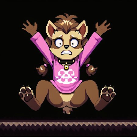 score_9, score_8_up, score_7_up, detailed,  solo,   ,furry, Death_pose, front view, arms up, hands fully open, legs spread, showing paws, looking down,  shocked,, in the air,falling down, solo,  winniew, pigtails, pink shirt, teeth, collar ,  empty background, 
 full body, Pixel_Art